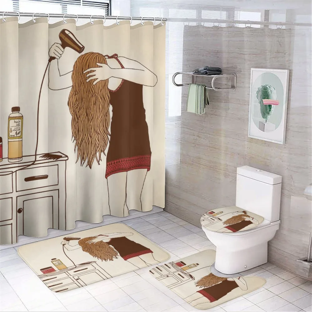 Girl Hair Care Sketch Art — 4-Piece Bathroom Set preview