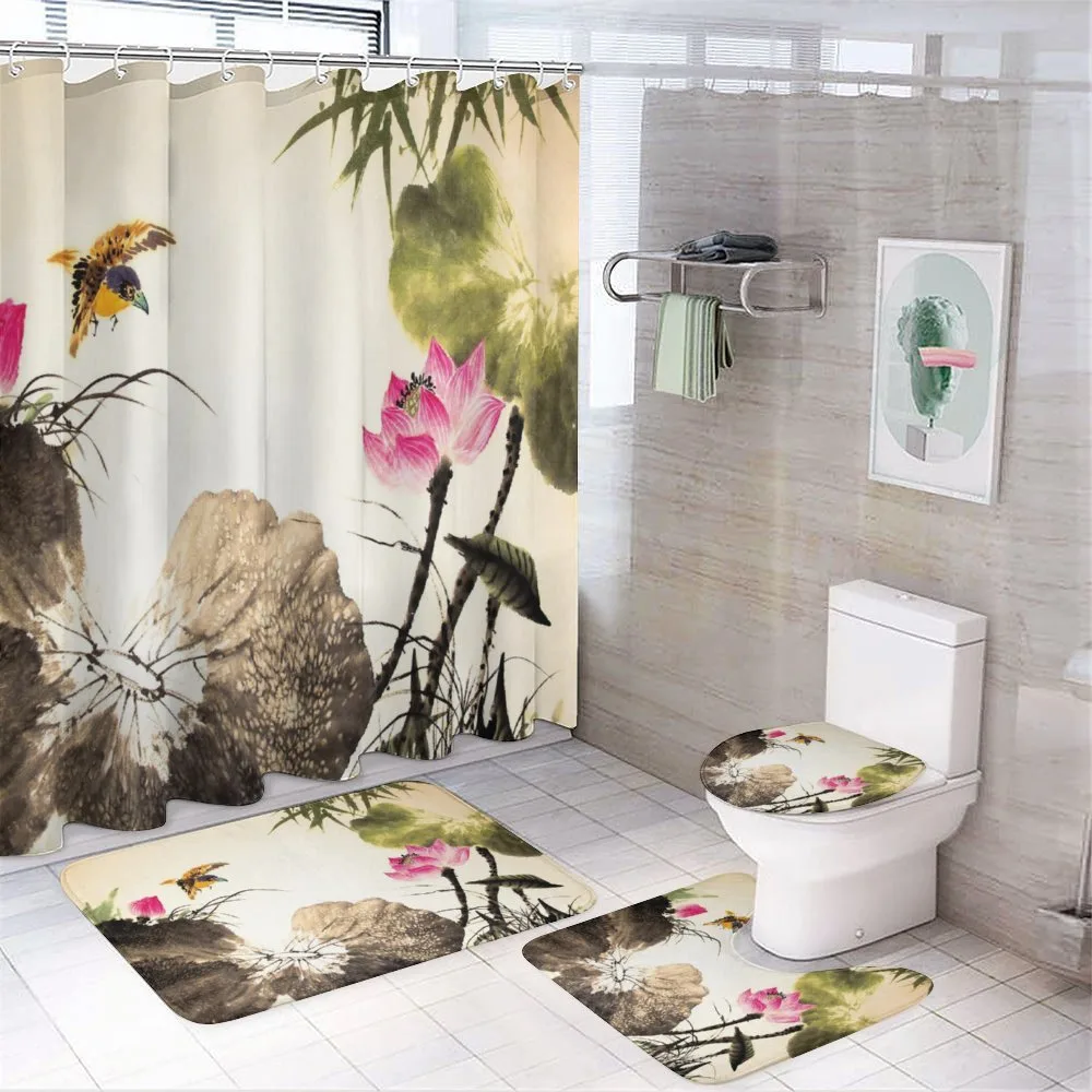 Bird Jumping into Lotus — 4-Piece Bathroom Set preview