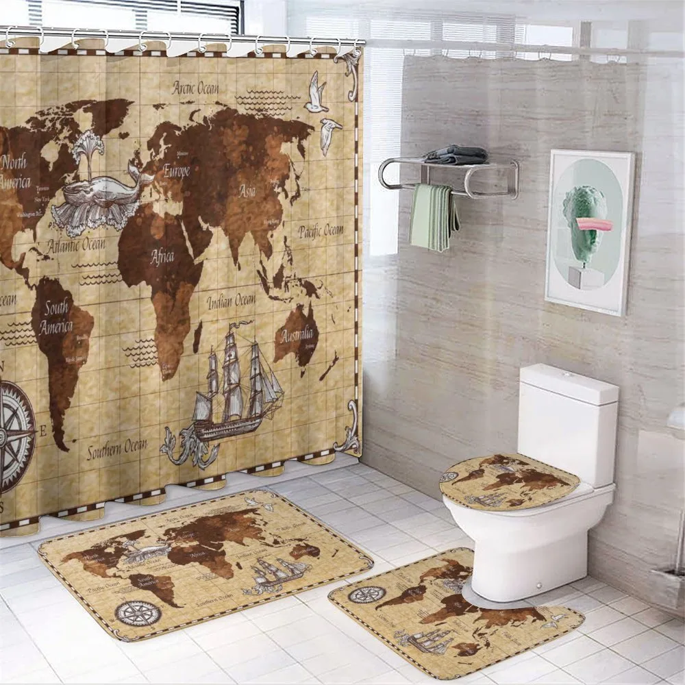 Retro Sketch World Map — 4-Piece Bathroom Set preview