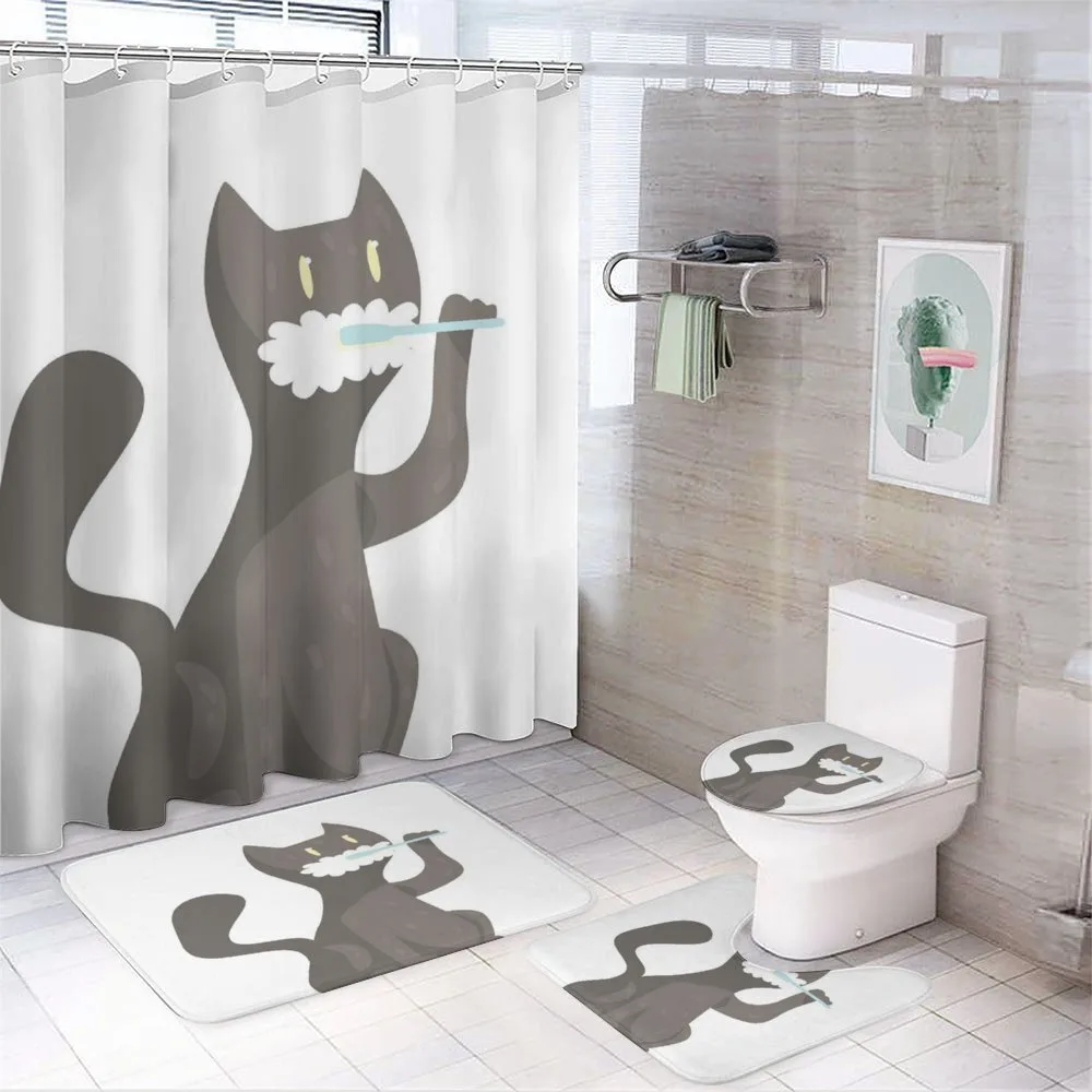 Pet Feline Brushing Teeth Motif — 4-Piece Bathroom Set preview