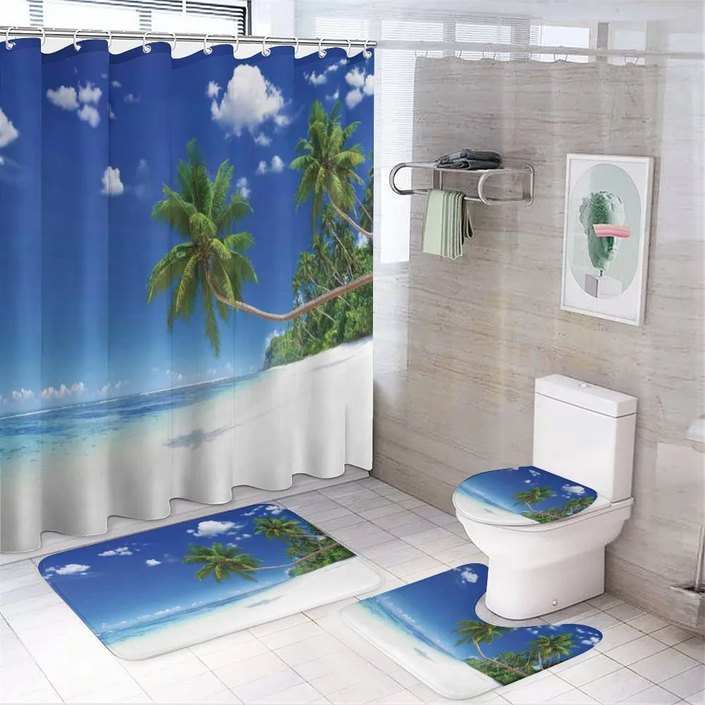Lagoon Palm Leaf Clouds 4-Piece Bathroom Set product video