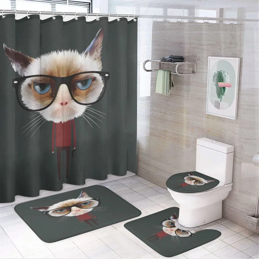 Hipster Feline with Giant Head — 4-Piece Bathroom Set preview
