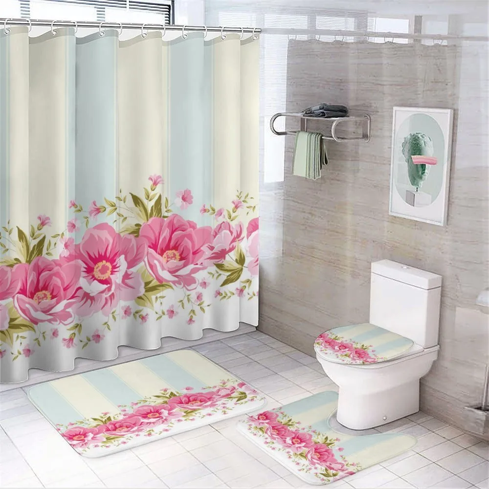 Pink Peony Border Tile — 4-Piece Bathroom Set preview