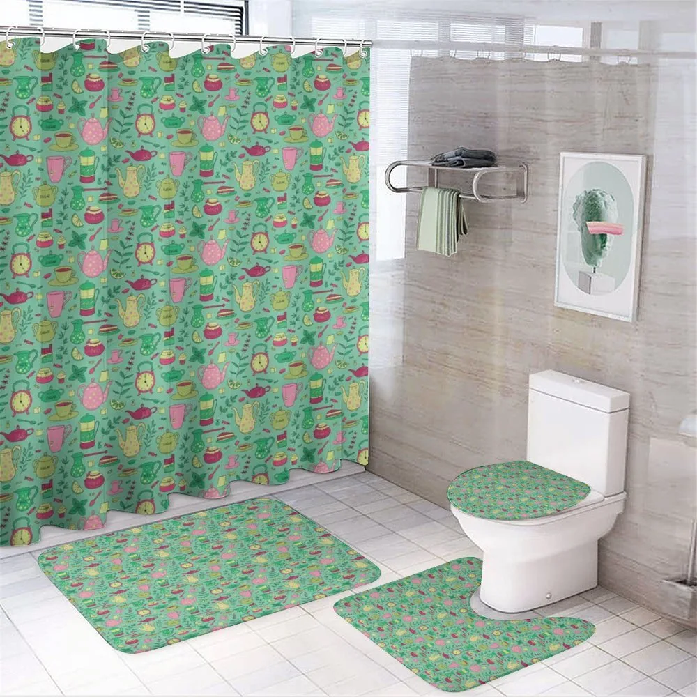 Teapots and Cups on Green — 4-Piece Bathroom Set preview