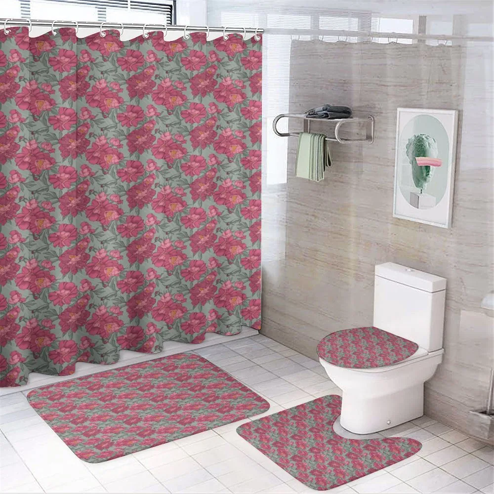 Budding Peony Flowers Leaves — 4-Piece Bathroom Set preview