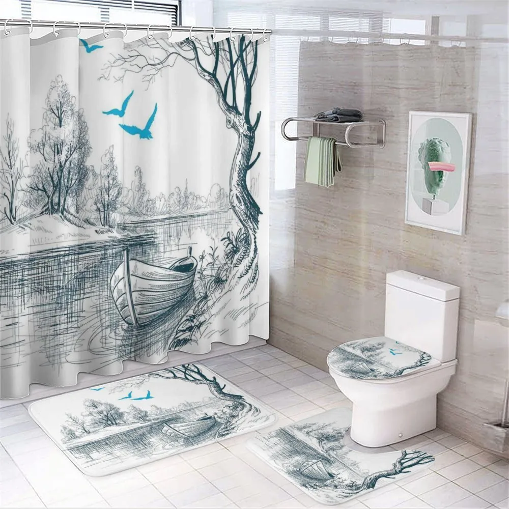 Boat on River Drawing — 4-Piece Bathroom Set preview