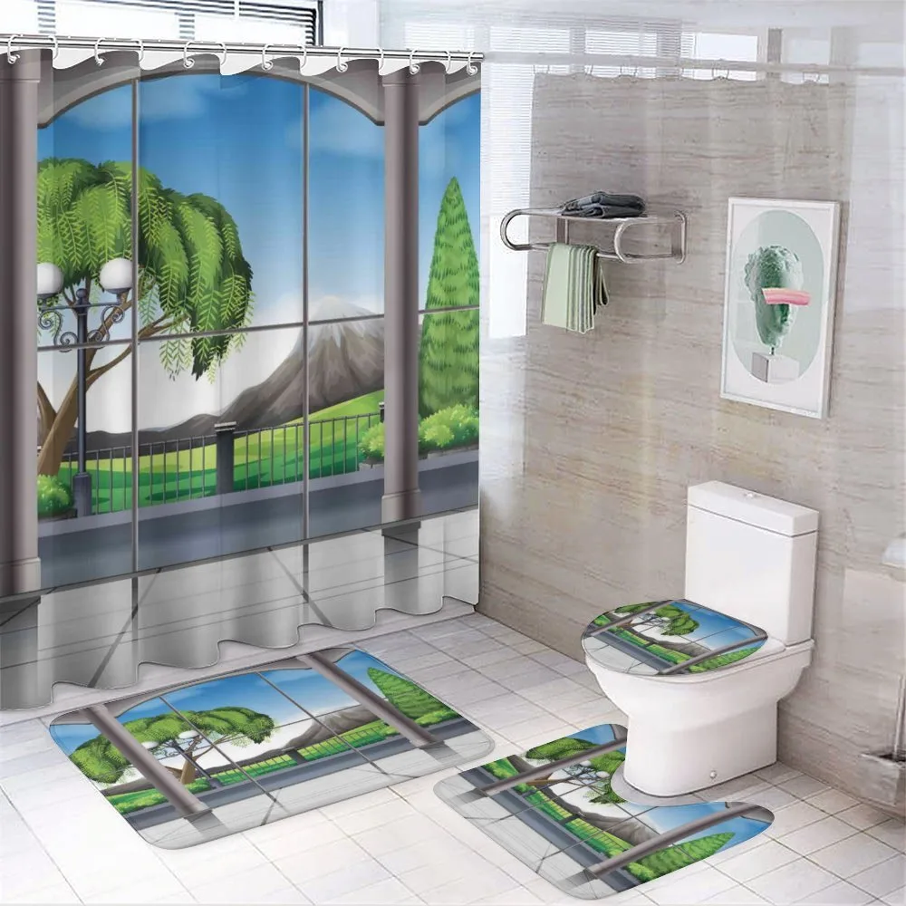 Window View Mountains 4-Piece Bathroom Set product video
