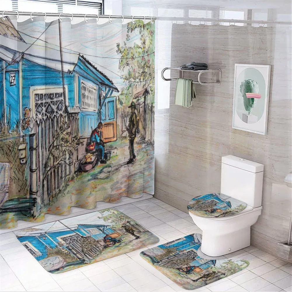 Hand Drawn Humans and House — 4-Piece Bathroom Set preview