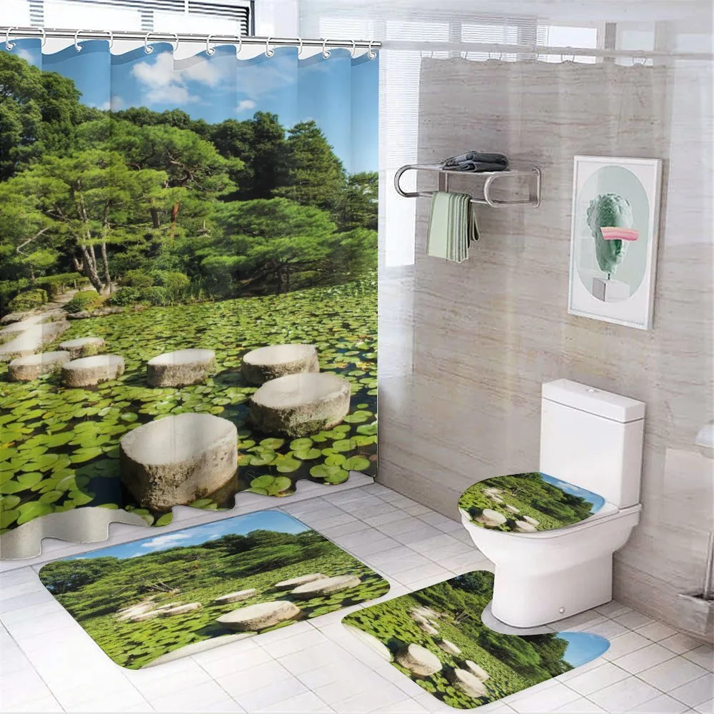 Japanese Stone Path Lotus — 4-Piece Bathroom Set preview