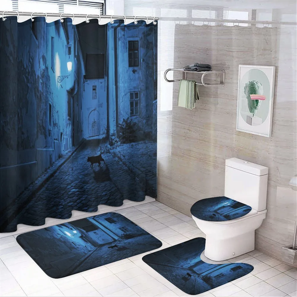 Black Cat Deserted Street — 4-Piece Bathroom Set preview