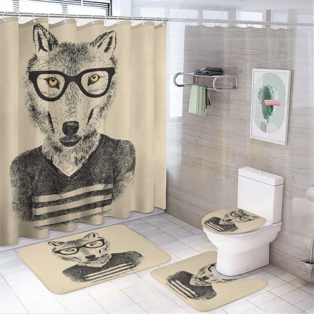Hand Drawn Wolf and Glasses — 4-Piece Bathroom Set preview