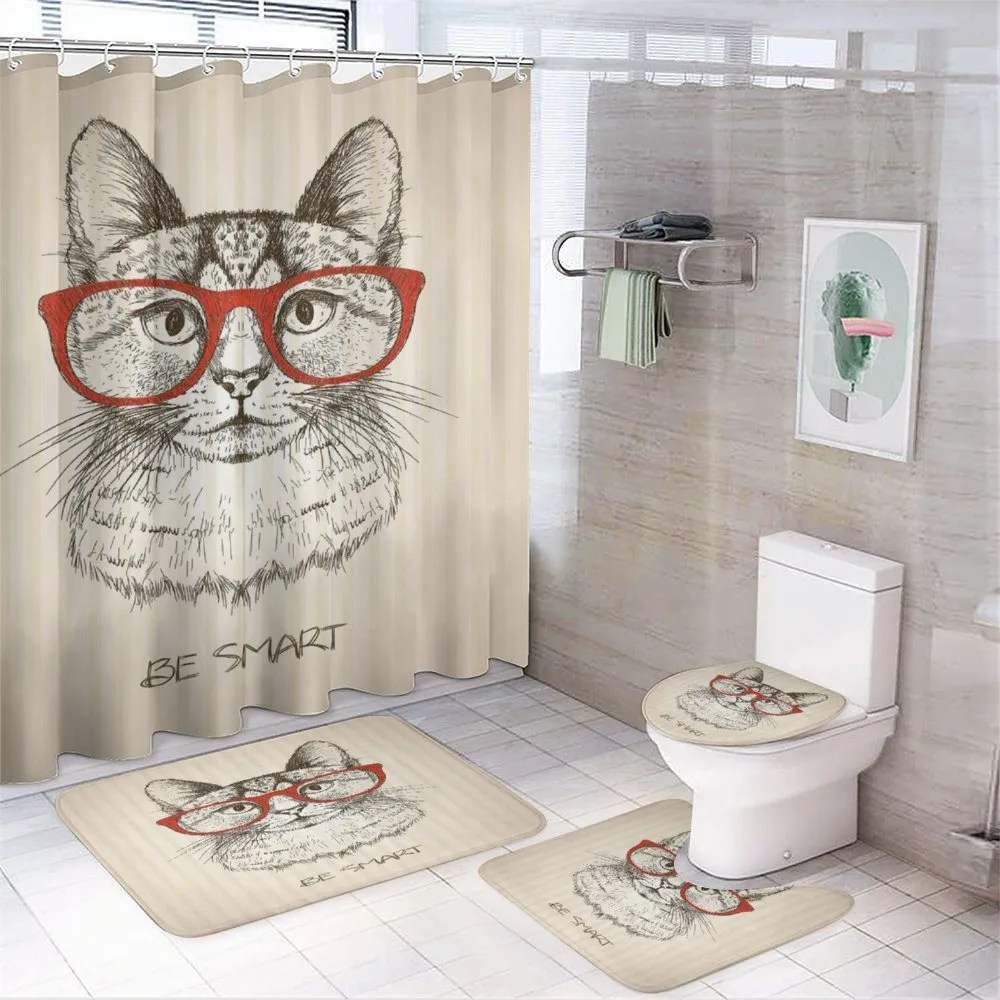 Cat with Retro Glasses 4-Piece Bathroom Set product video