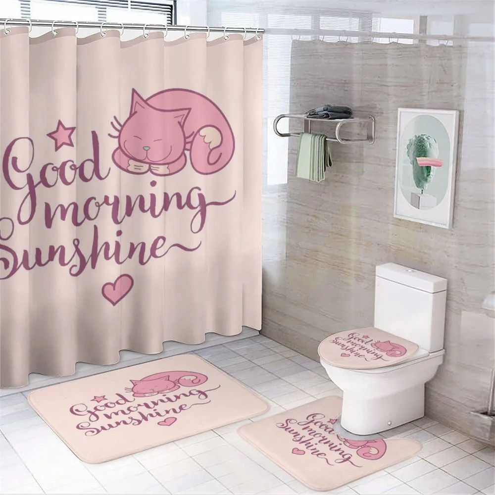 Sleeping Pink Cat and Text 4-Piece Bathroom Set product video