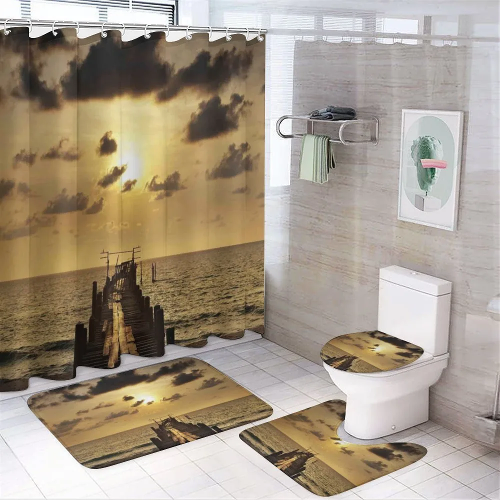 Old Wood Deck Sunset 4-Piece Bathroom Set product video