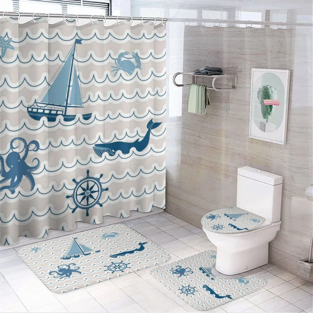 Cartoon Ship Whale Waves — 4-Piece Bathroom Set preview