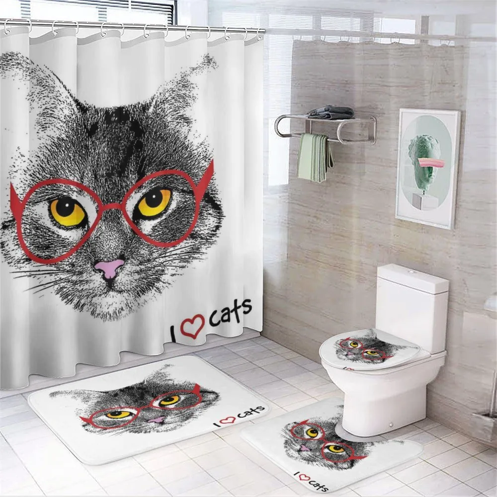 Nerd Cat with Glasses — 4-Piece Bathroom Set preview