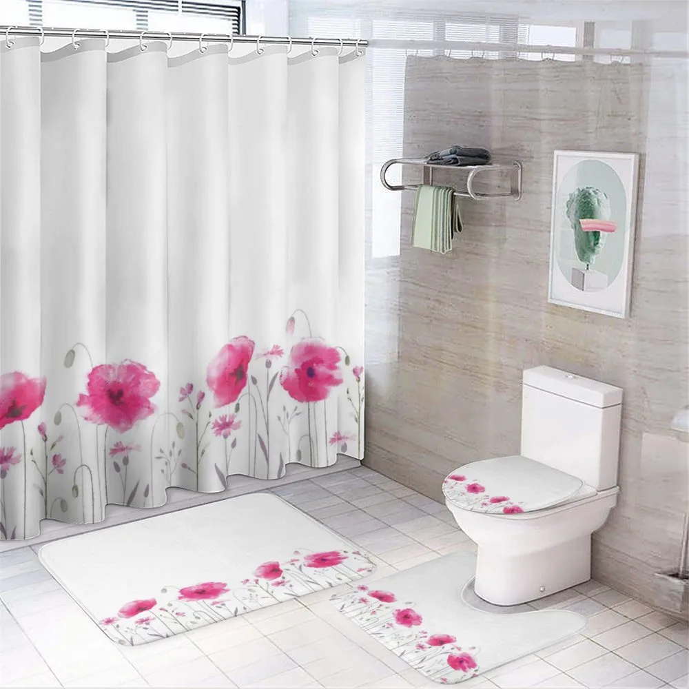 Pink Poppy Flowers Art 4-Piece Bathroom Set product video