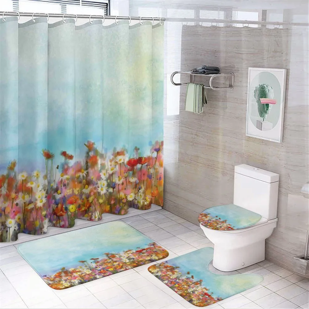 Flower Field Watercolor 4-Piece Bathroom Set product video