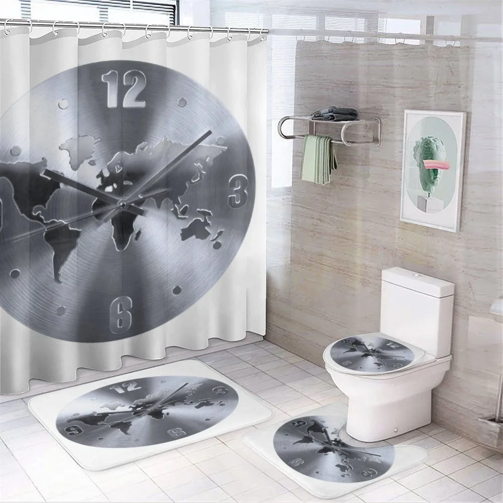 World Map Clock Pattern — 4-Piece Bathroom Set preview