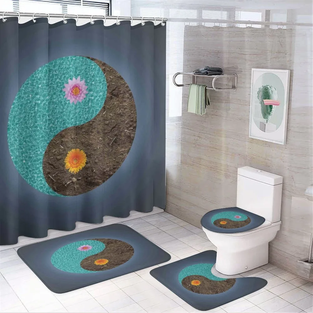 Yin Yang Flower Teal Brown — 4-Piece Bathroom Set preview