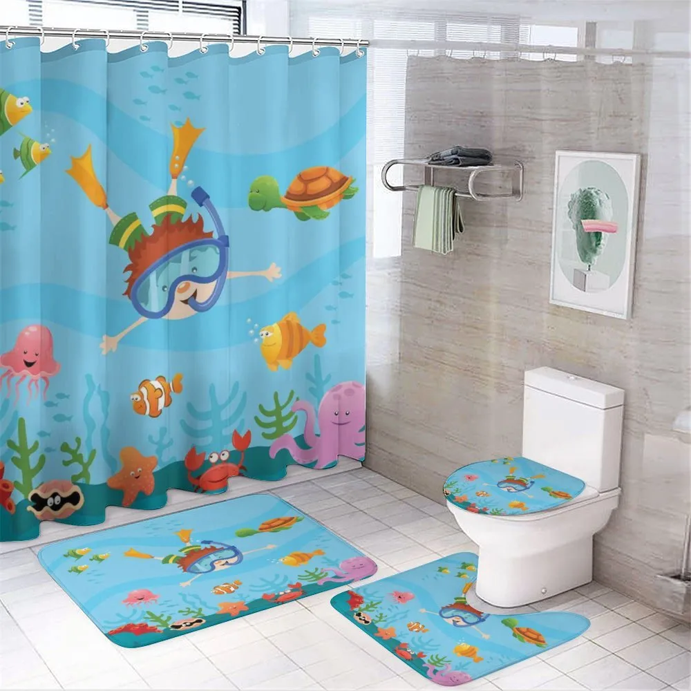 Cartoon Boy Diving to Sea 4-Piece Bathroom Set product video