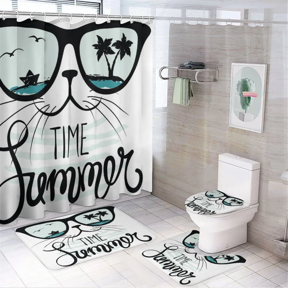 Hipster Cat with Palms — 4-Piece Bathroom Set preview