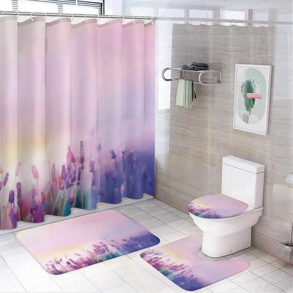 Lavender Violet Flowers 4-Piece Bathroom Set product video