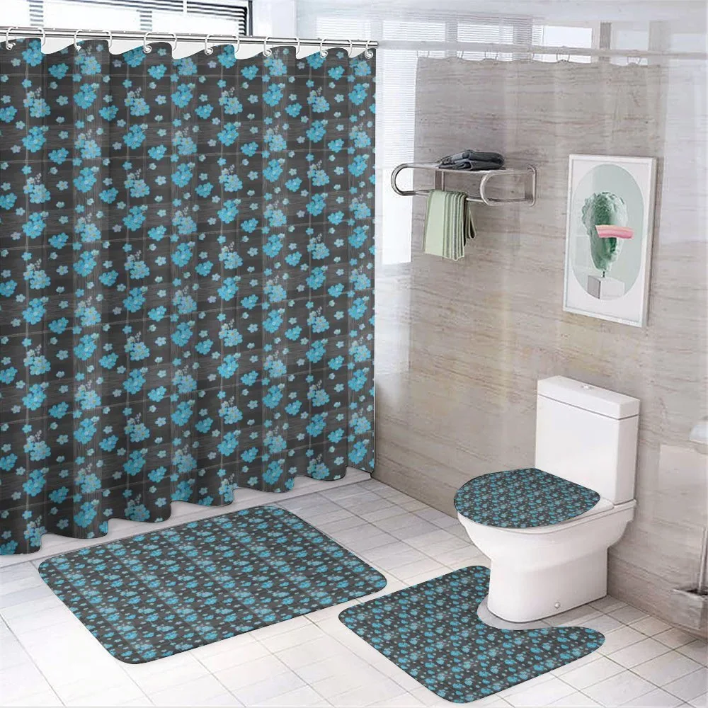 Blue Blossoms on Grid — 4-Piece Bathroom Set preview