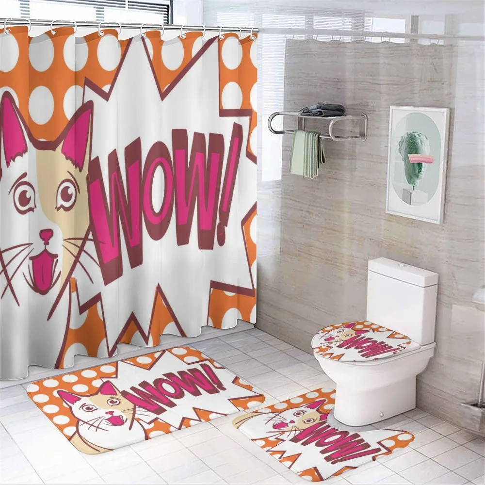 Comic Cat with Wow Lettering — 4-Piece Bathroom Set preview