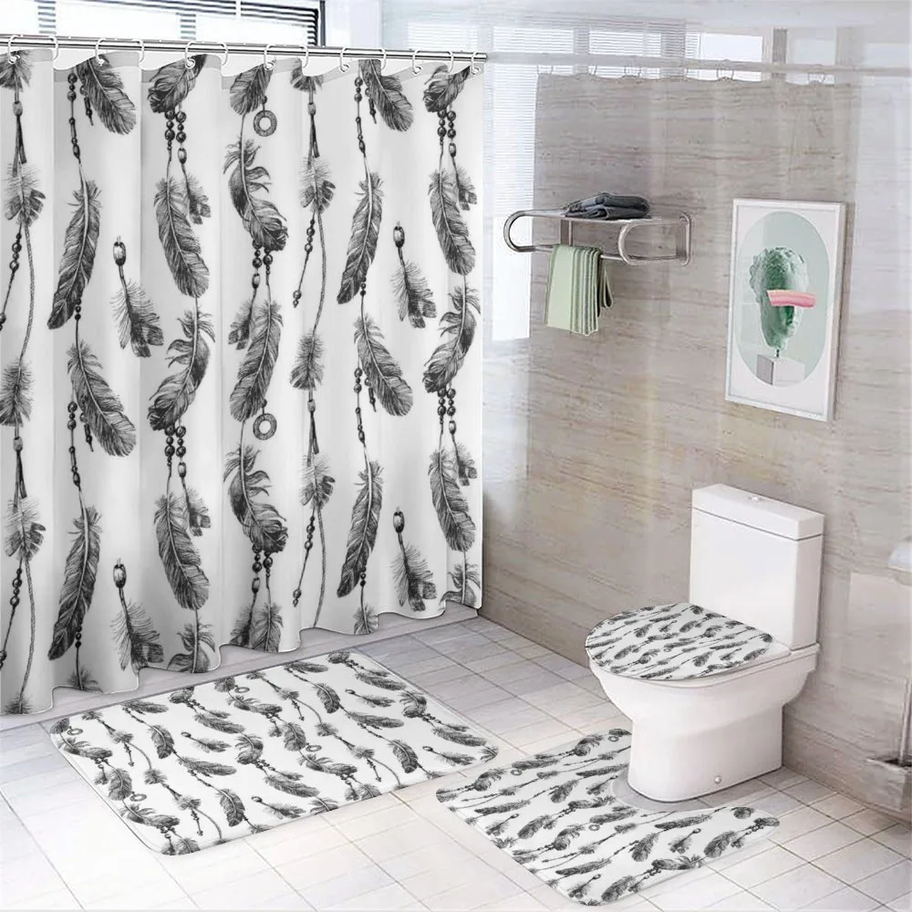 Black White Boho Feather — 4-Piece Bathroom Set preview