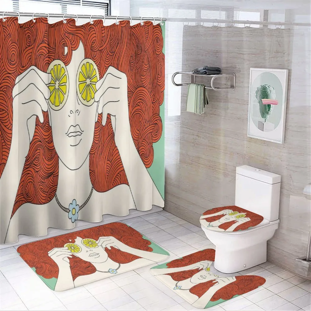 Curly Ginger Hair Girl Lemon 4-Piece Bathroom Set product video