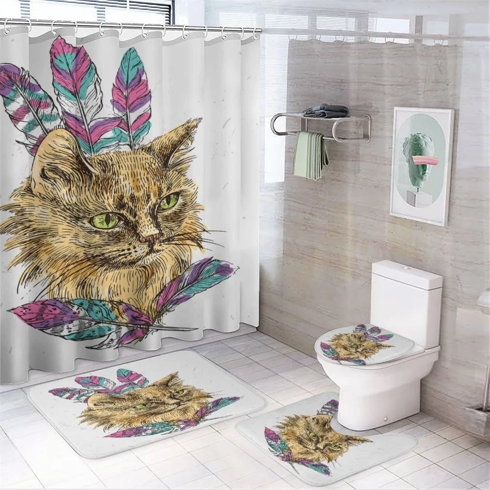 Cat with Colorful Feathers — 4-Piece Bathroom Set preview
