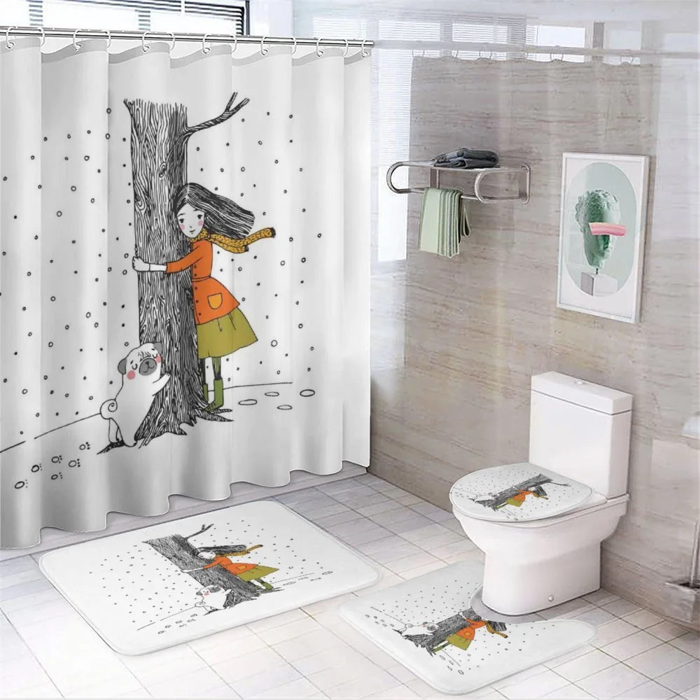 Girl Pug Hugging a Tree — 4-Piece Bathroom Set preview