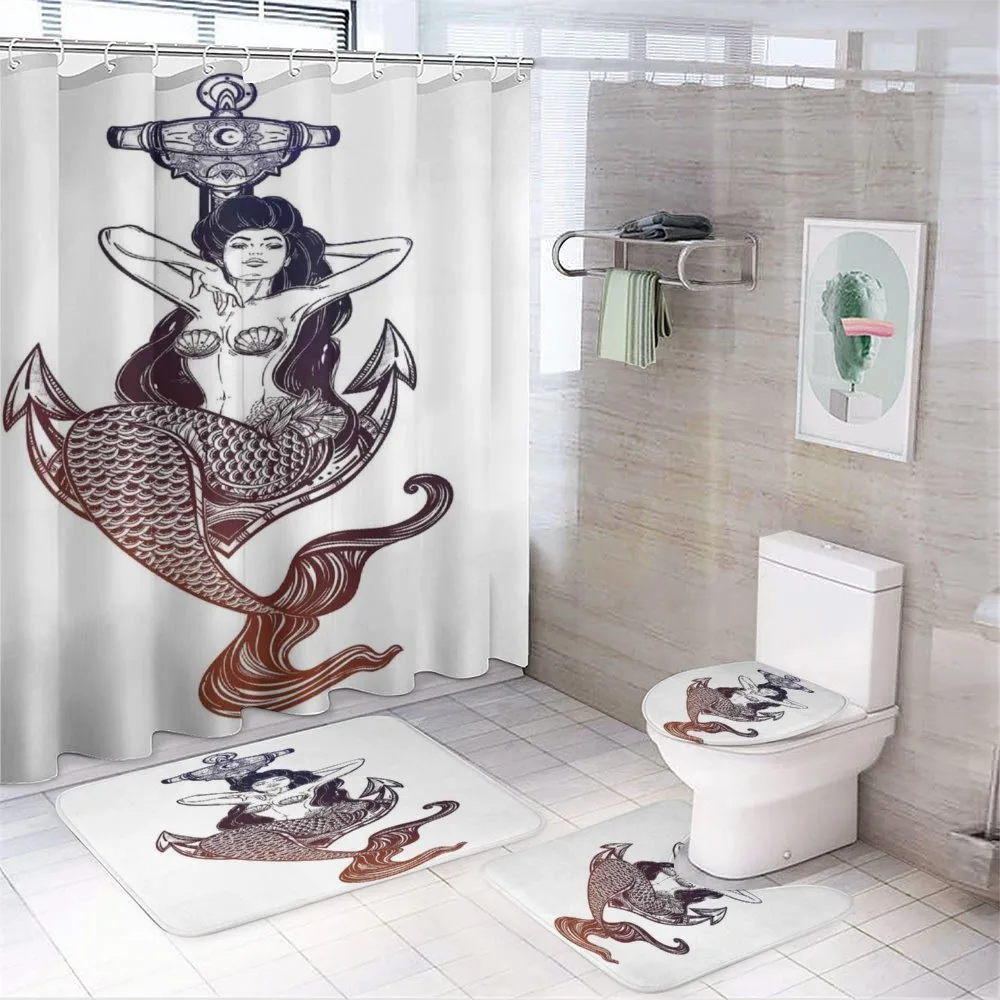 Monochrome Mermaid Motif — 4-Piece Bathroom Set preview