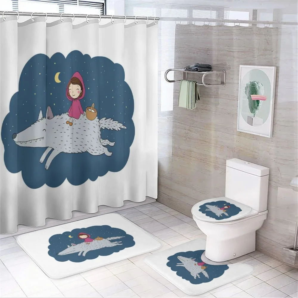Cartoon Girl on Giant Wolf — 4-Piece Bathroom Set preview