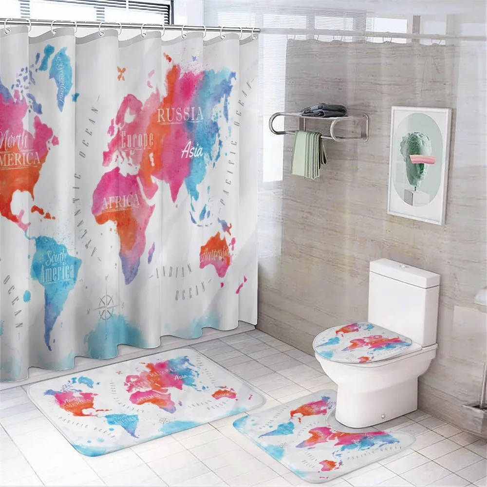 Watercolored World Map — 4-Piece Bathroom Set preview