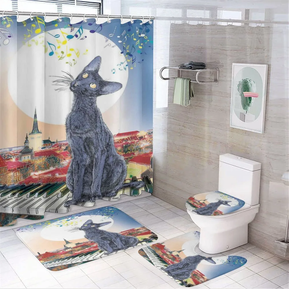 Cat on Rooftop Sunset Music — 4-Piece Bathroom Set preview