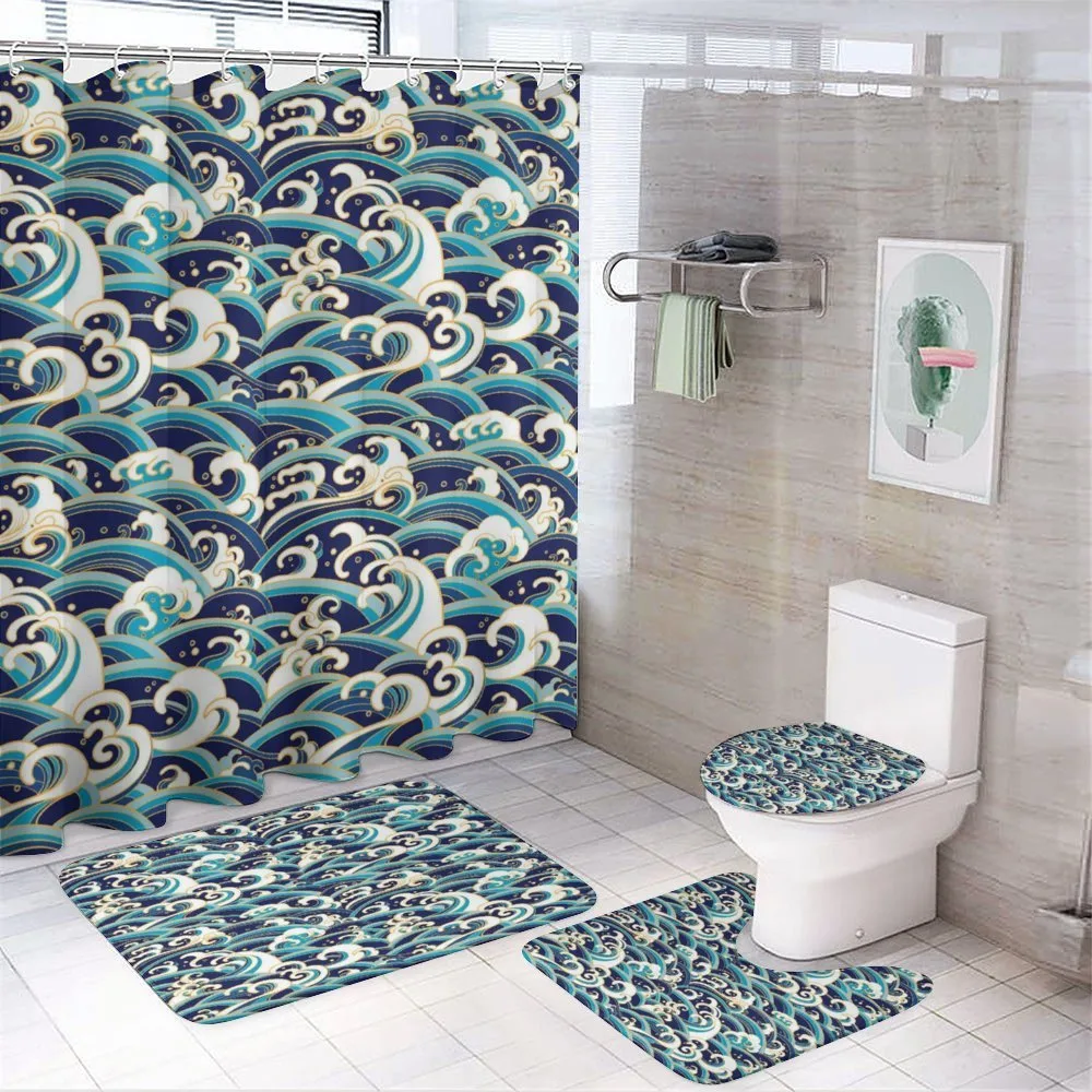 Ocean Waves Pattern 4-Piece Bathroom Set product video
