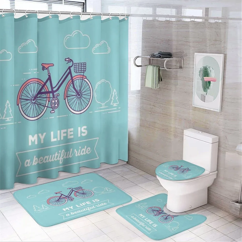 Retro Pastel Bike with Text 4-Piece Bathroom Set product video