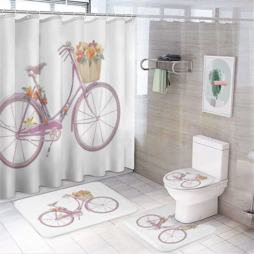 Pink Bike Flowers Art — 4-Piece Bathroom Set preview